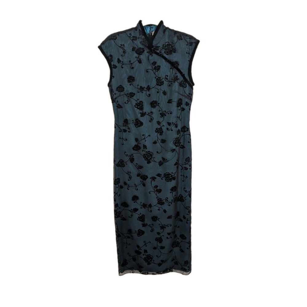 Vintage Dark Green Burnout Velvet Asian Inspired Mandarin Collar Maxi Dress Sz 8